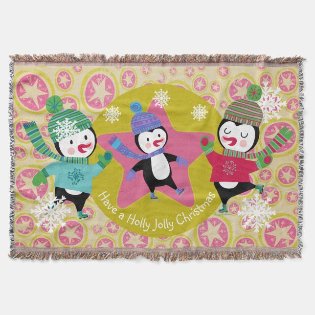 Pink Star Orbs Skating Penguins Holiday Throw (Front)
