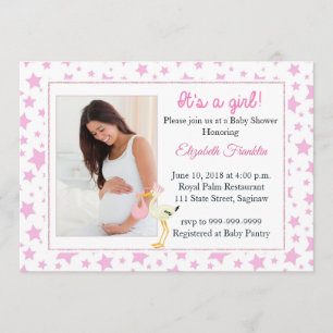Pink Star Photo It's a Girl Baby Shower Invitation