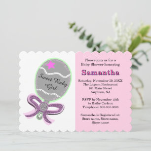 Pink Star Silver Rattle Baby Shower Invitation