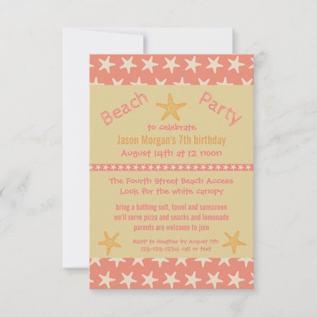 Pink Starfish Beach - 3x5Birthday Party Invitation (Front)