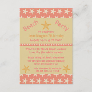 Pink Starfish Beach - 3x5Birthday Party Invitation