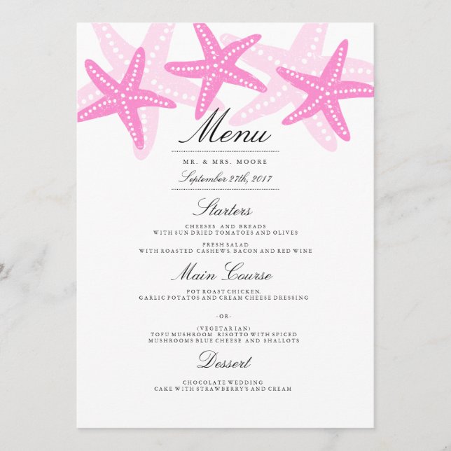 Pink Starfish Beach Wedding Dinner Menu (Front)