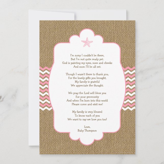 Pink Starfish girl baby shower thank you notes Invitation (Front)