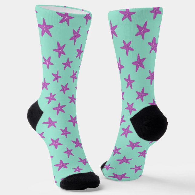 Pink starfish on blue pattern socks (Angled)