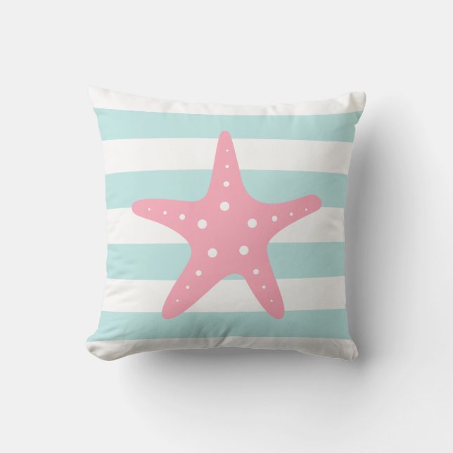 Pink Starfish on Mint Stripes Cushion (Front)