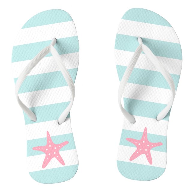 Pink Starfish on Mint Stripes Flip Flops (Footbed)