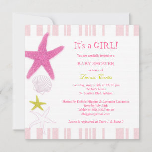 Pink Starfish, Stripes Nautical Baby Shower Invitation