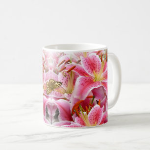 Pink Stargazer Lilies and Butterfly Coffee Mug
