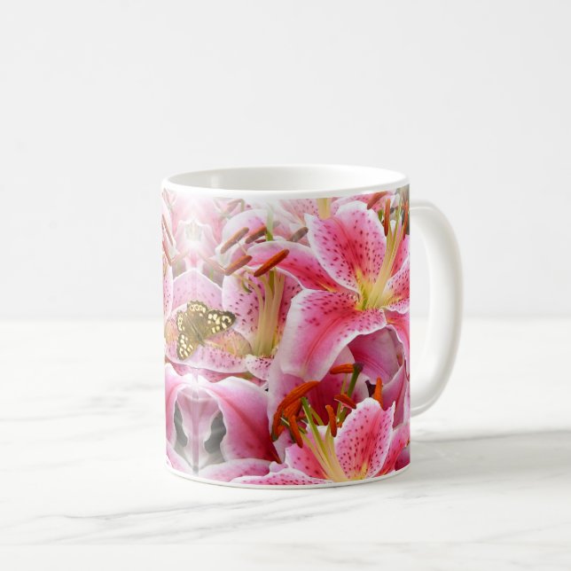 Pink Stargazer Lilies and Butterfly Coffee Mug (Front Right)