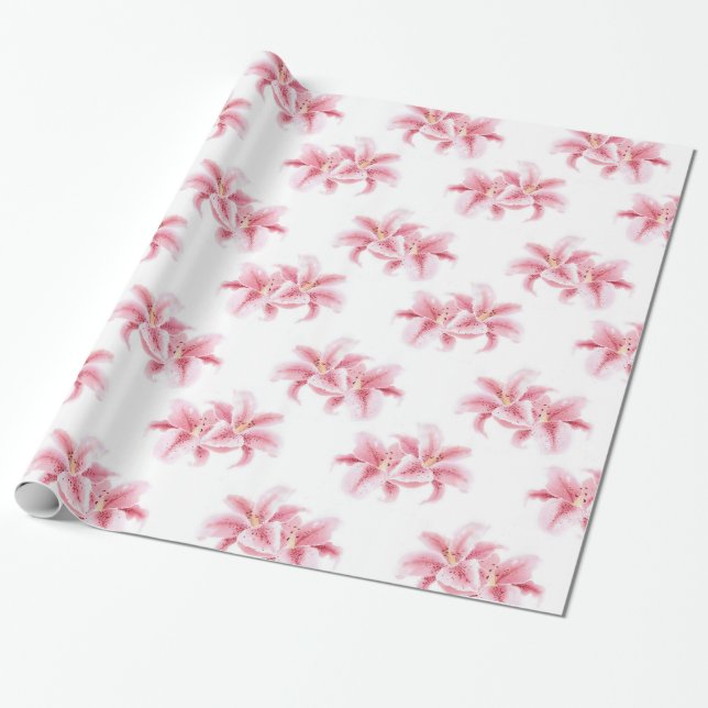 Pink Stargazer Lilies Pattern Wrapping Paper (Unrolled)