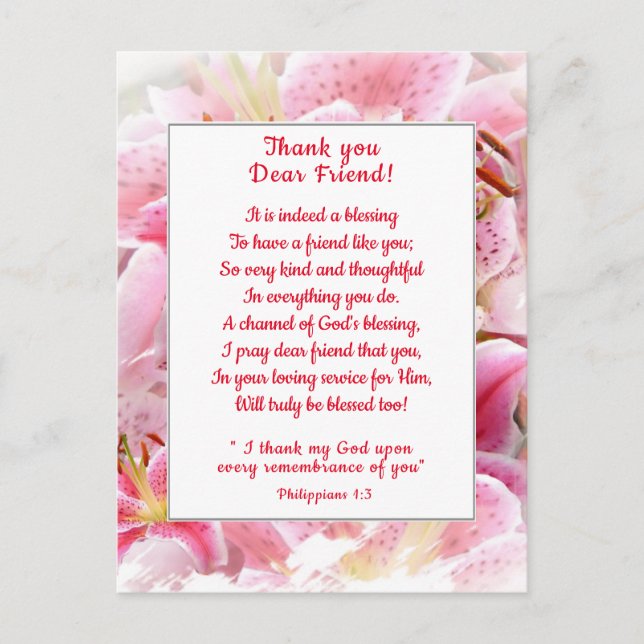 Pink Stargazer Lilies Thank You Christian Friend Postcard (Front)
