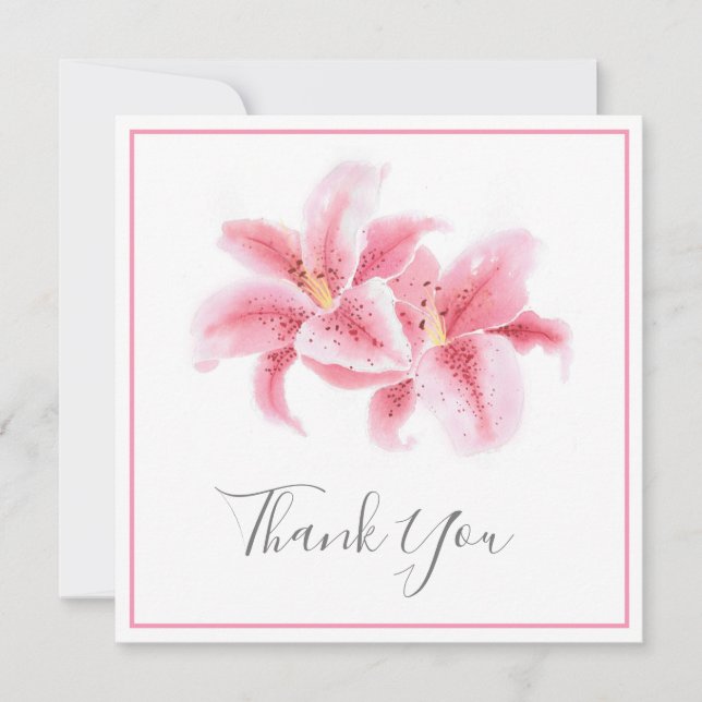 Pink Stargazer Lilies Watercolor Thank You Card (Front)