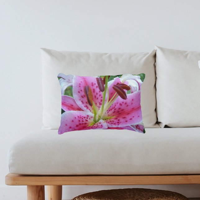 Pink Stargazer Lily Floral Decorative Cushion (In Situ Sofa)