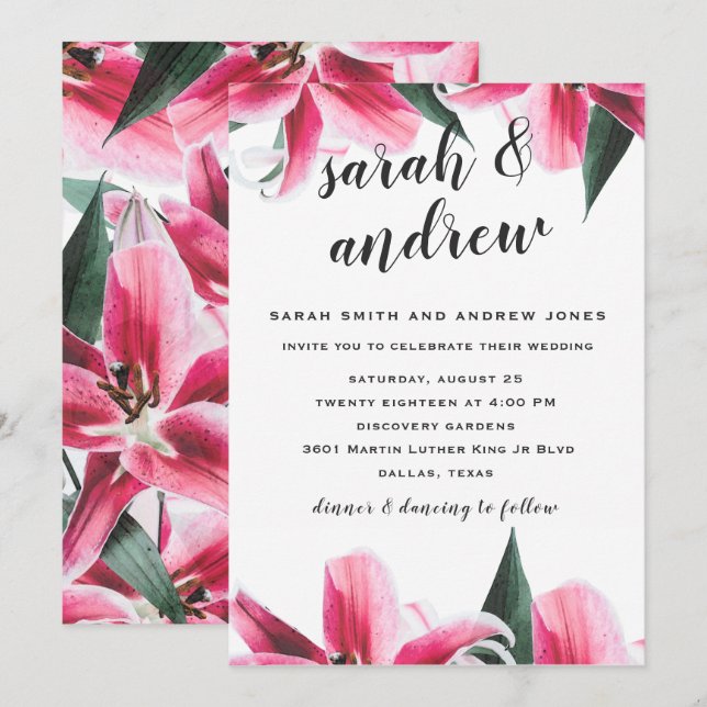 Pink Stargazer Lily Floral Wedding Invitation (Front/Back)