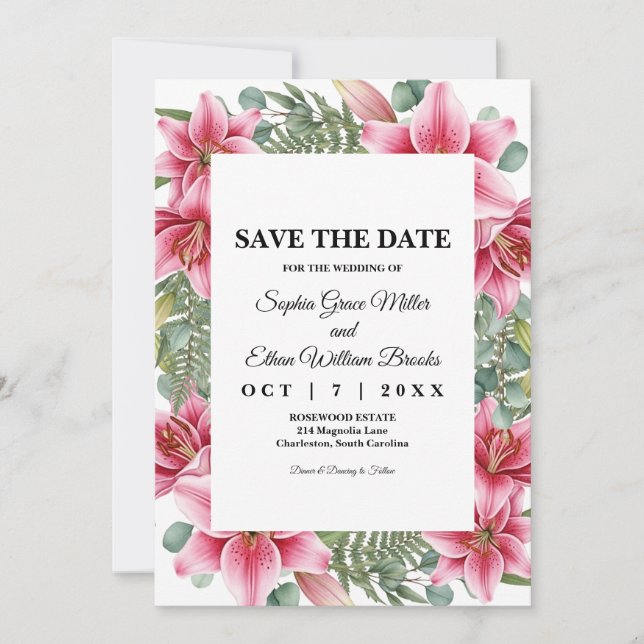 Pink Stargazer Lily Floral Wedding Save the Date  (Front)