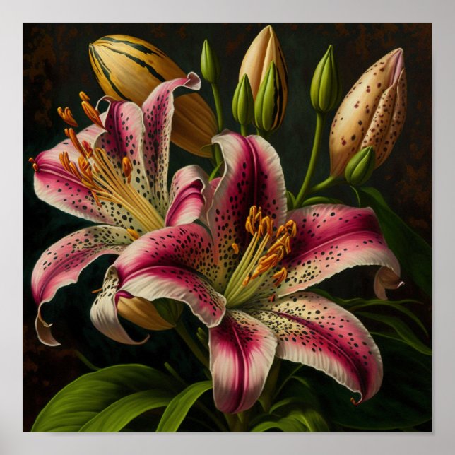 Pink Stargazer Lily Flowers Art Print Poster (Front)