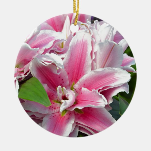 Pink stargazer lily flowers in spring ceramic tree decoration (Front)
