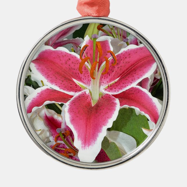 Pink stargazer lily flowers metal tree decoration (Front)