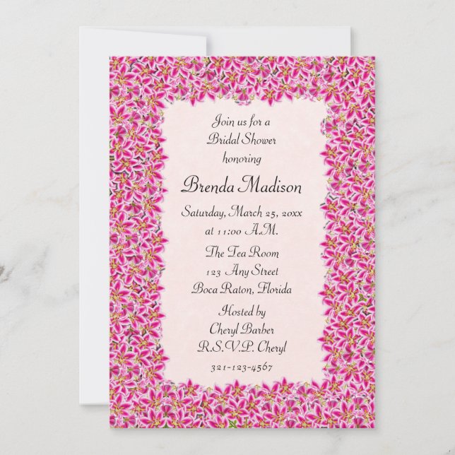 Pink Stargazer Lily Garden Bridal Shower Invite (Front)