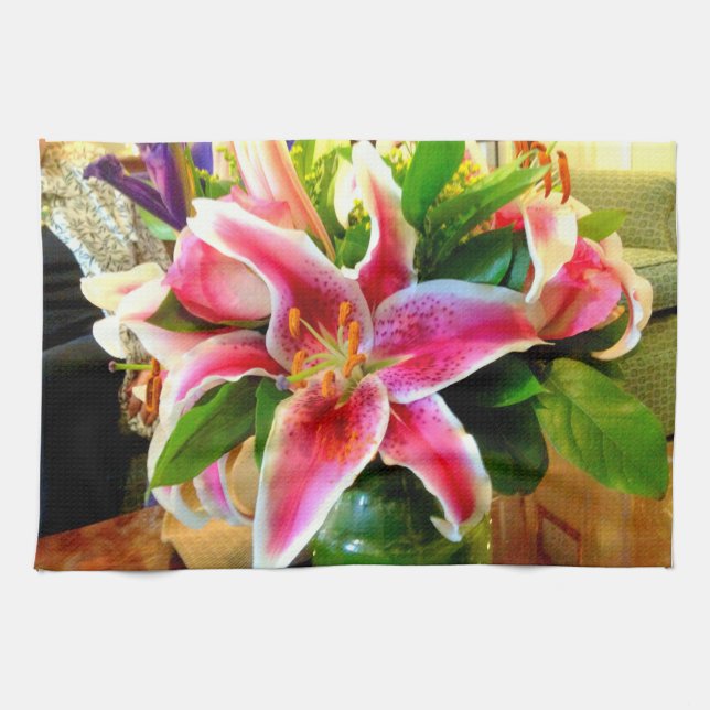 pink stargazer lily kitchen towel (Horizontal)