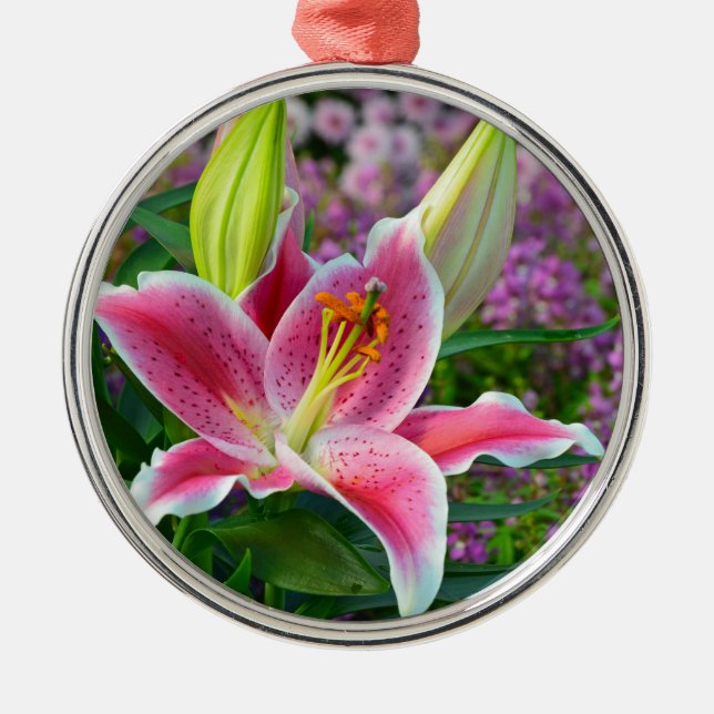 Pink stargazer lily print christmas ornament (Front)