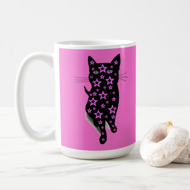 Pink Stars and Black Cat Cat Lady Typography Coffee Mug (With Donut)