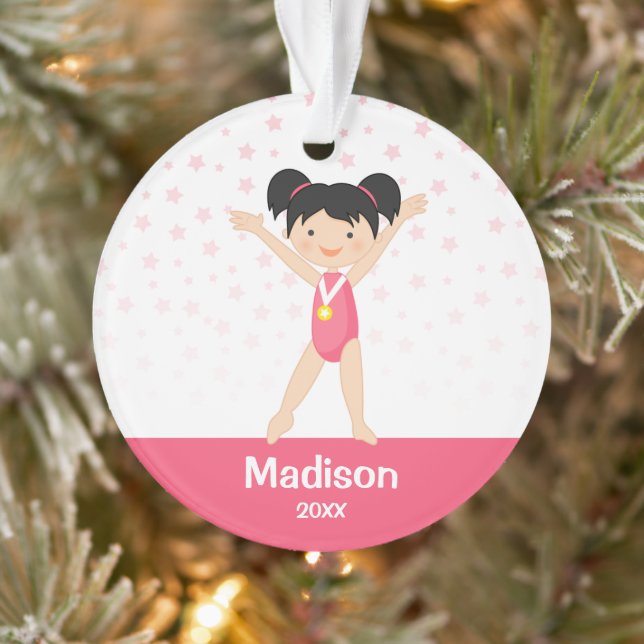 Pink Stars Black Hair Girl Gymnastics Personalised Ornament (Tree)