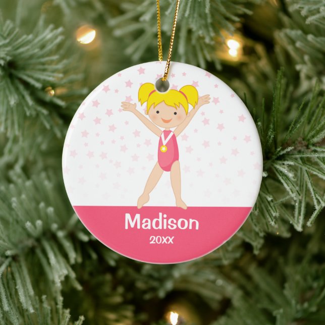 Pink Stars Blonde Girl Gymnastics Personalised Ceramic Tree Decoration (Tree)