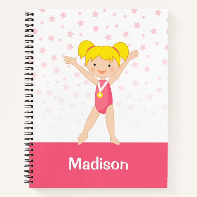 Pink Stars Blonde Girl Gymnastics Personalised Notebook (Front)
