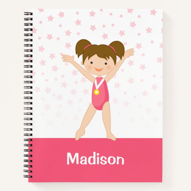 Pink Stars Brunette Girl Gymnastics Personalised Notebook (Front)