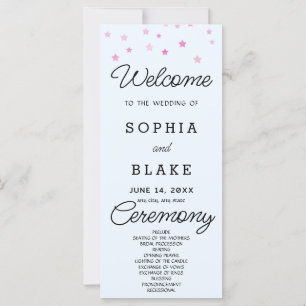Pink Stars Celestial Light Blue Wedding Program