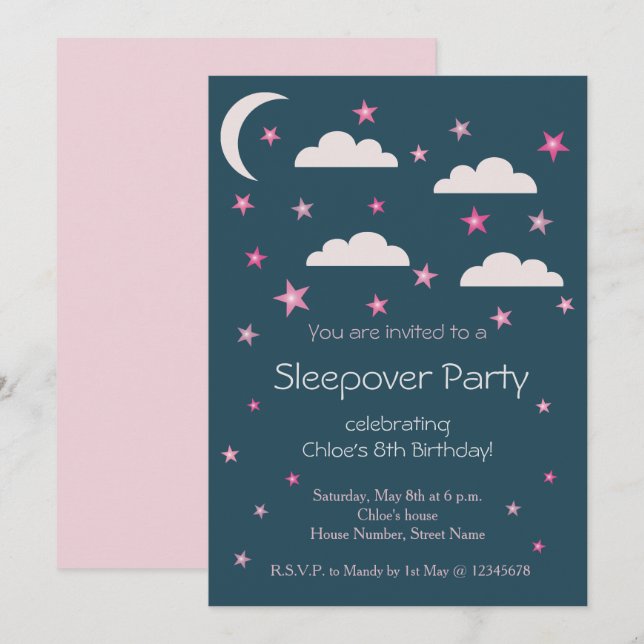 Pink Stars Clouds Blue Birthday Sleepover Party Invitation (Front/Back)