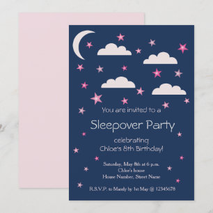 Pink Stars Clouds Blue Birthday Sleepover Party Invitation