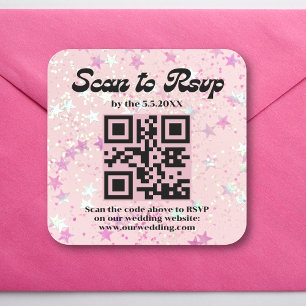 pink stars confetti retro rsvp qr code wedding   square sticker