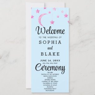 Pink Stars Crescent Moon Blue Wedding Program