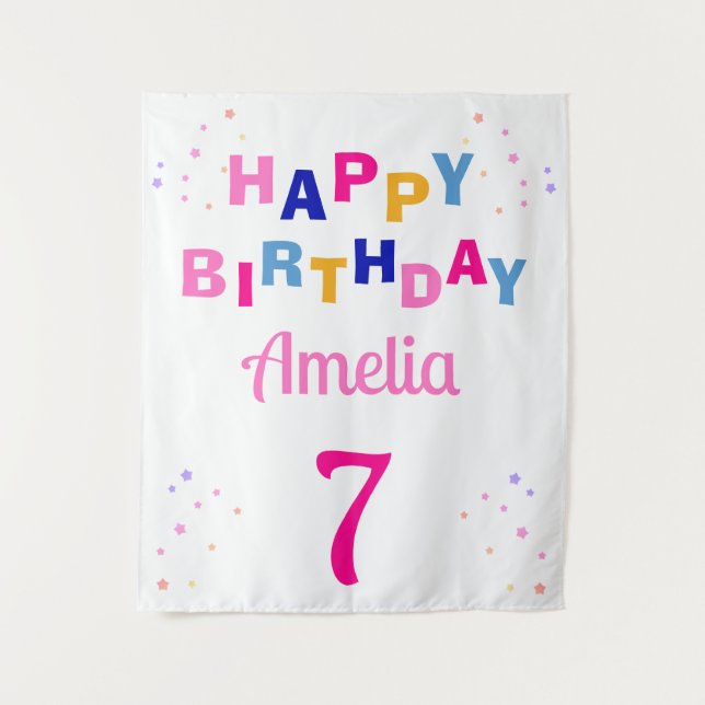 Pink Stars Girl Happy Birthday Tapestry (Front)