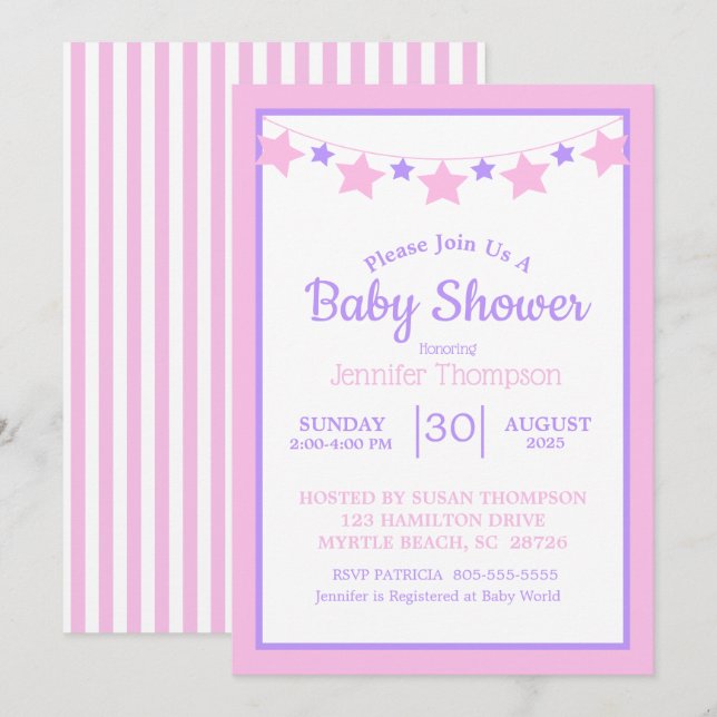 Pink Stars Girls Baby Shower Invitation (Front/Back)