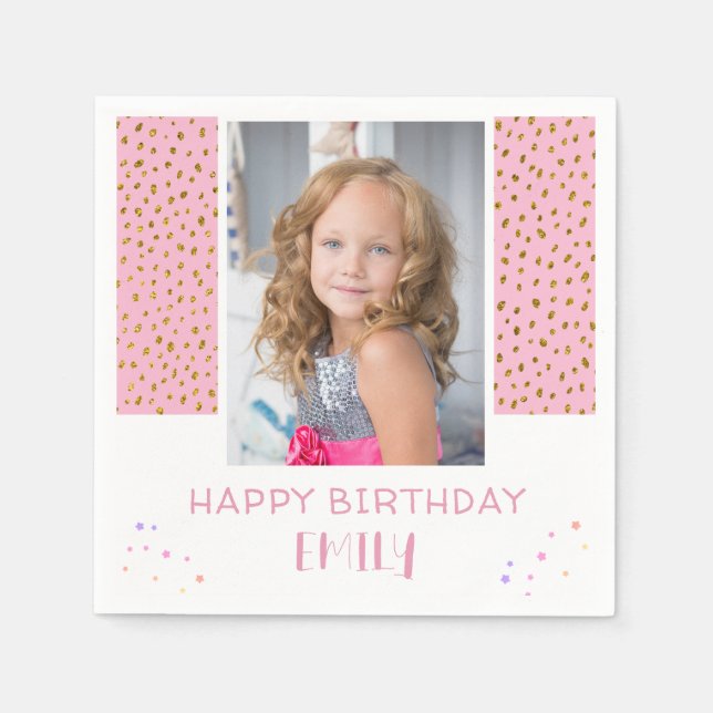 Pink Stars Glitter Birthday Kids Girl Photo Napkin (Front)