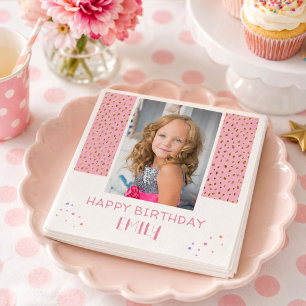 Pink Stars Glitter Birthday Kids Girl Photo Napkin