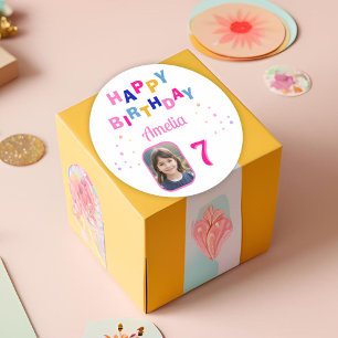 Pink Stars Happy Birthday Party Girl Photo   Classic Round Sticker