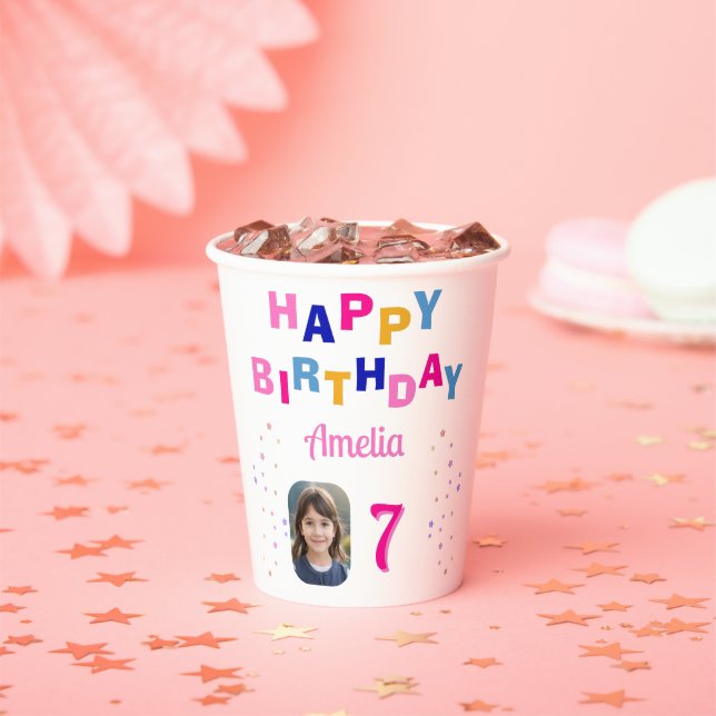  Pink Stars Happy Birthday Party Girl Photo   Paper Cups (Insitu)