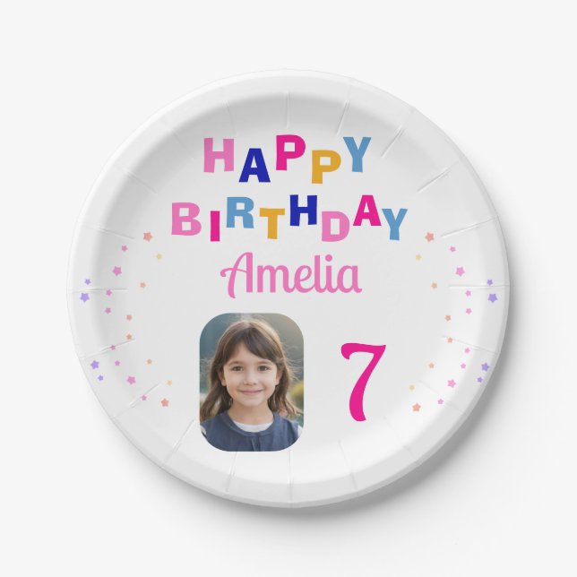  Pink Stars Happy Birthday Party Girl Photo   Paper Plate (Front)