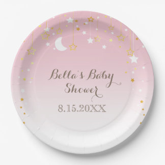 Pink Stars Moon Baby Shower Paper Plate