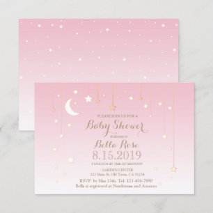 Pink stars moon girl baby shower invitations