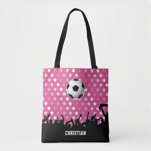 Pink Stars Soccer Ball and Fans Tote Bag (Front)