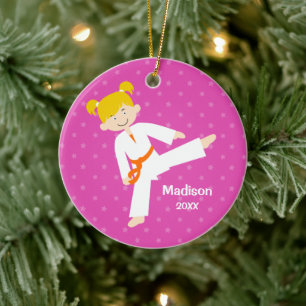 Pink Stars Taekwondo Blonde Girl Personalized Ceramic Tree Decoration