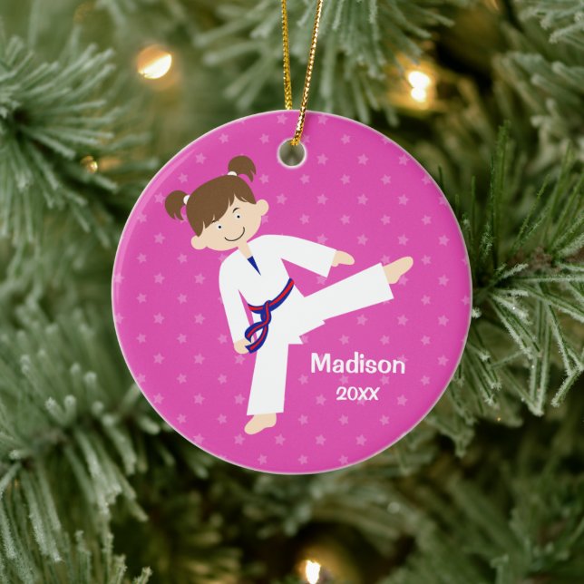 Pink Stars Taekwondo Karate Girl Blue Personalised Ceramic Tree Decoration (Tree)