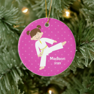 Pink Stars Taekwondo Karate Girl Personalized Ceramic Tree Decoration