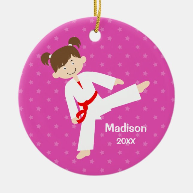 Pink Stars Taekwondo Karate Red Girl Personalised Ceramic Tree Decoration (Front)