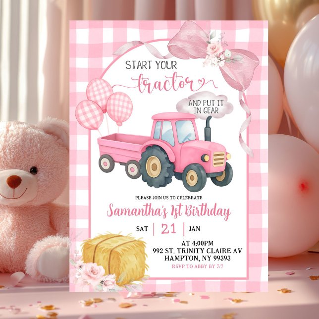Pink Start Your Tractor Farm Theme Girl Birthday Invitation (Creator Uploaded)